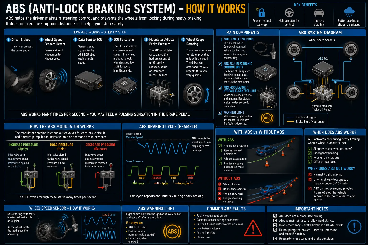 Diagram of a car ABS (anti-lock braking system) — wheel-speed sensors, the ABS pump/modulator and ECU — showing where the wheel-speed sensor sits and how a fault triggers the ABS warning light.