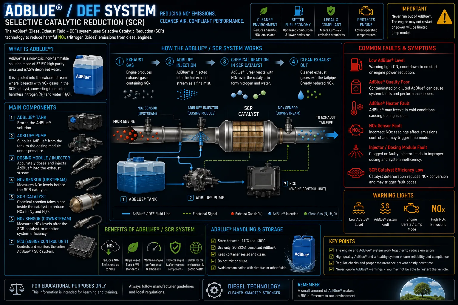 AdBlue/SCR system diagram showing the upstream and downstream NOx sensors that monitor emissions.
