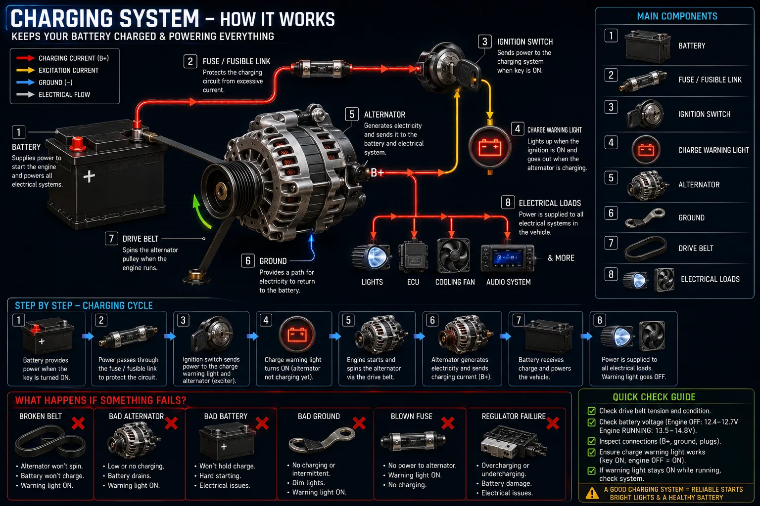 Charging system diagram showing the negative terminal where the intelligent battery sensor (IBS) monitors the battery.