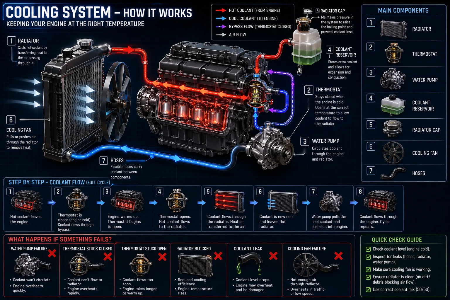 Cooling system diagram showing where the engine coolant temperature (ECT) sensor reads coolant temperature for the ECU and gauge.