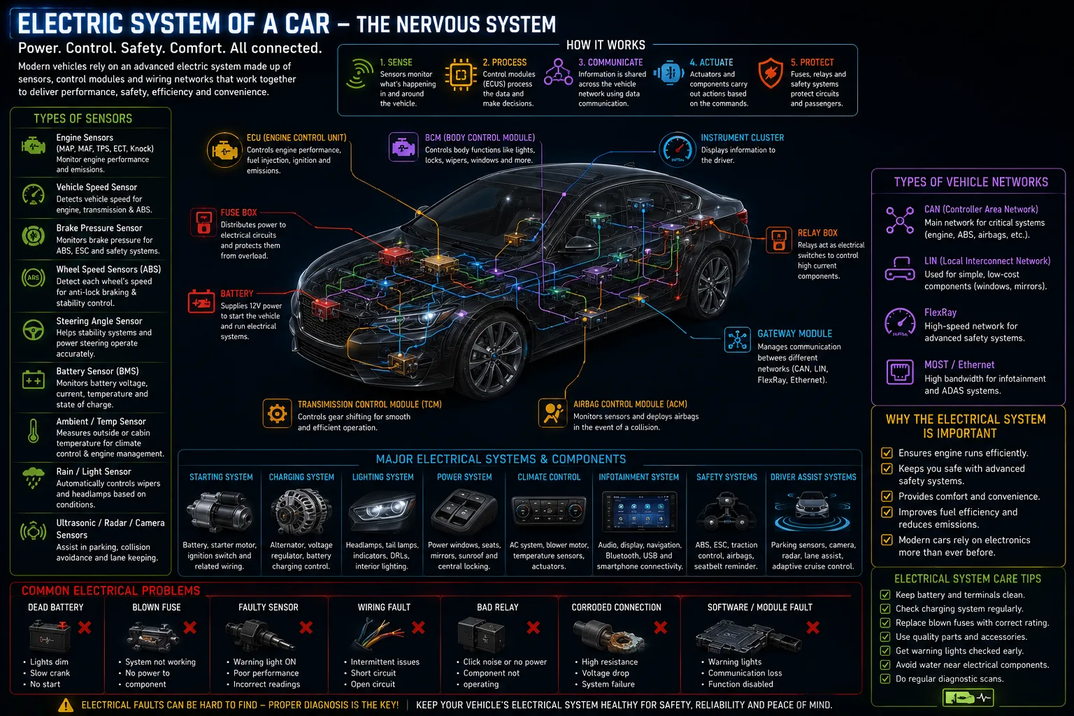 Diagram of a car's electrical 'nervous system' — the network of sensors, control modules and wiring that feed the ECU, the family every individual sensor belongs to.