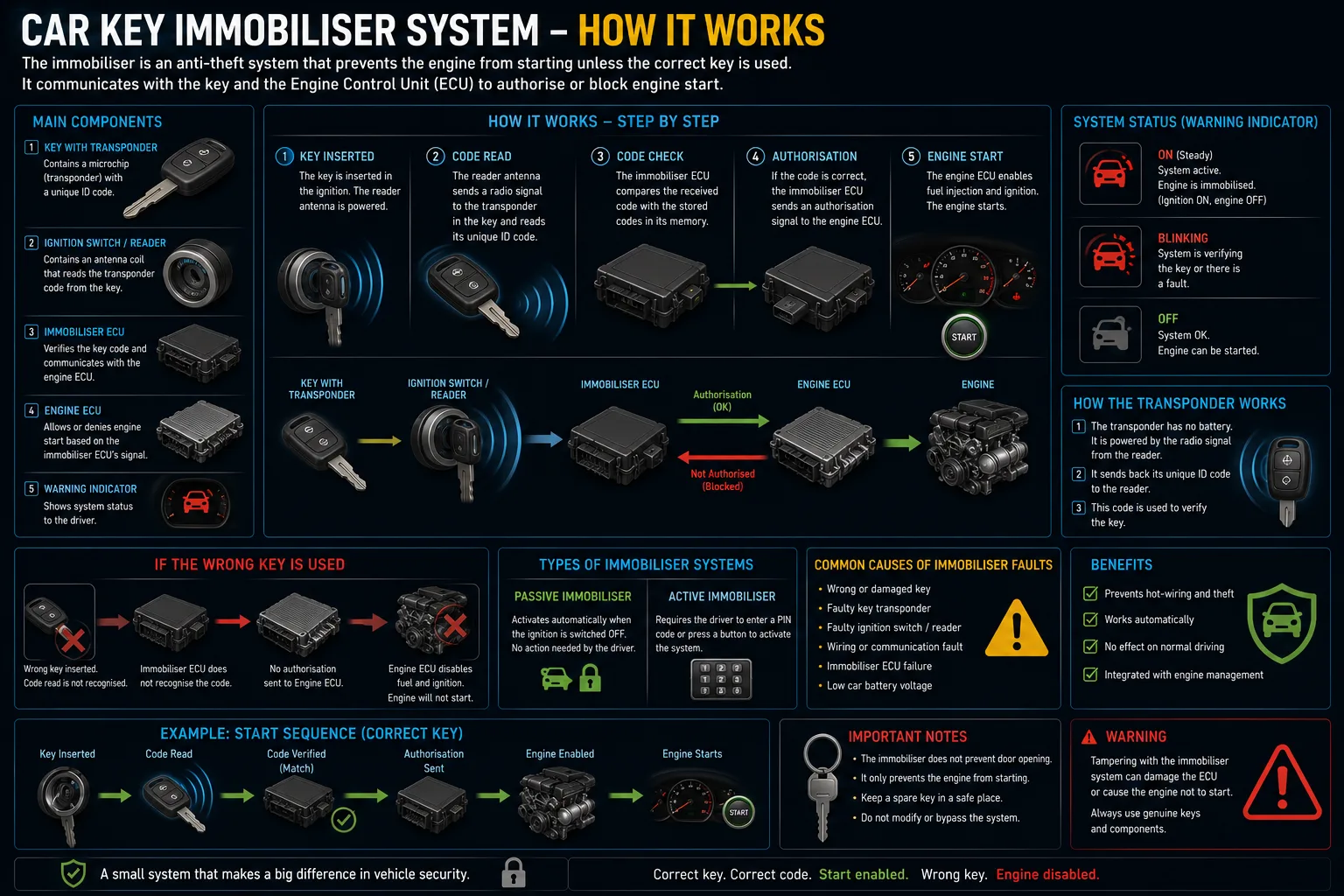 Diagram of a car key and immobiliser system — transponder key, immobiliser and the ECU handshake — showing how key programming lets the car recognise and start with a key.
