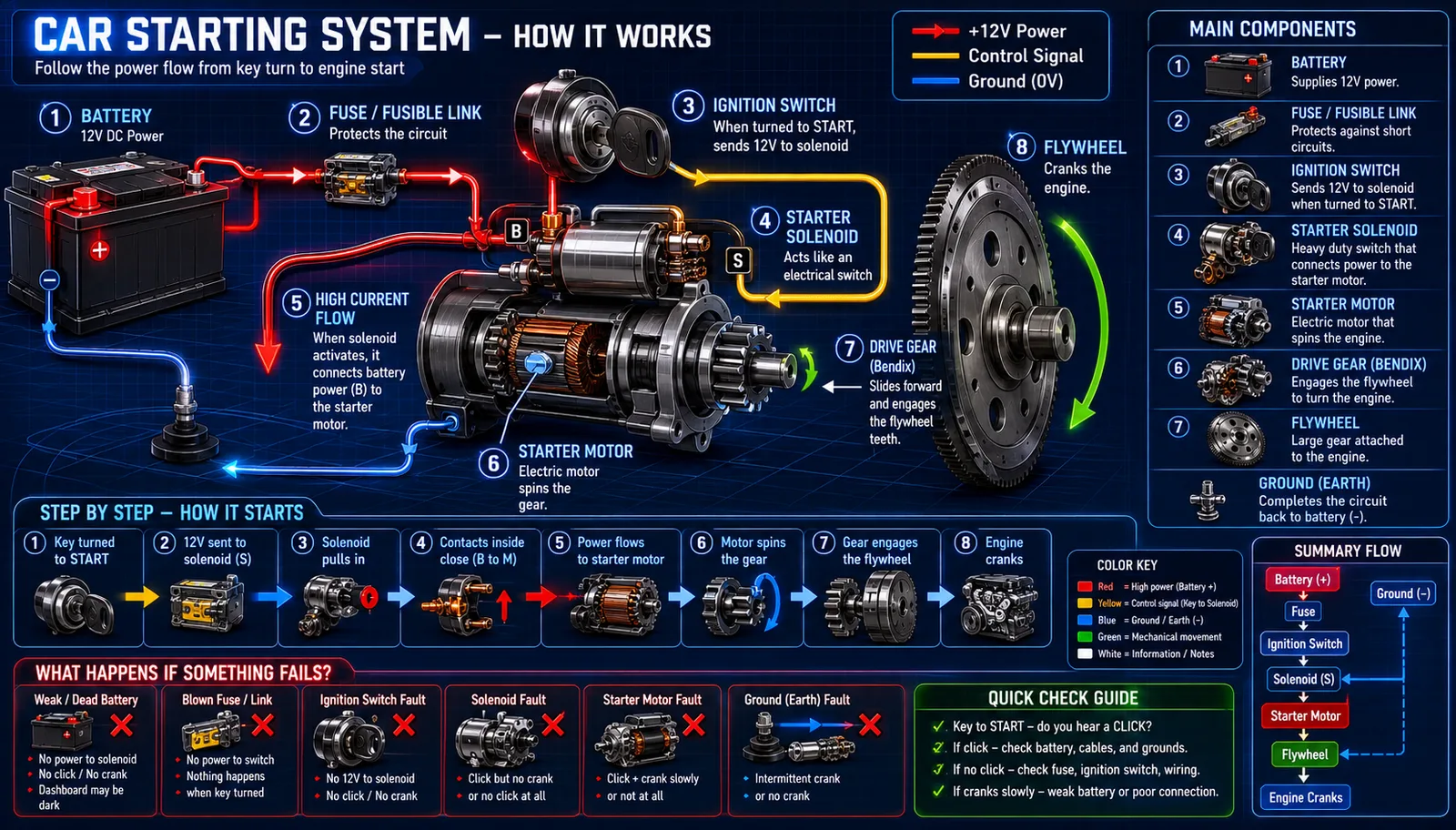 Starting system diagram — cold weather exposes a weak battery, thick oil, a tired starter or diesel glow-plug issues.