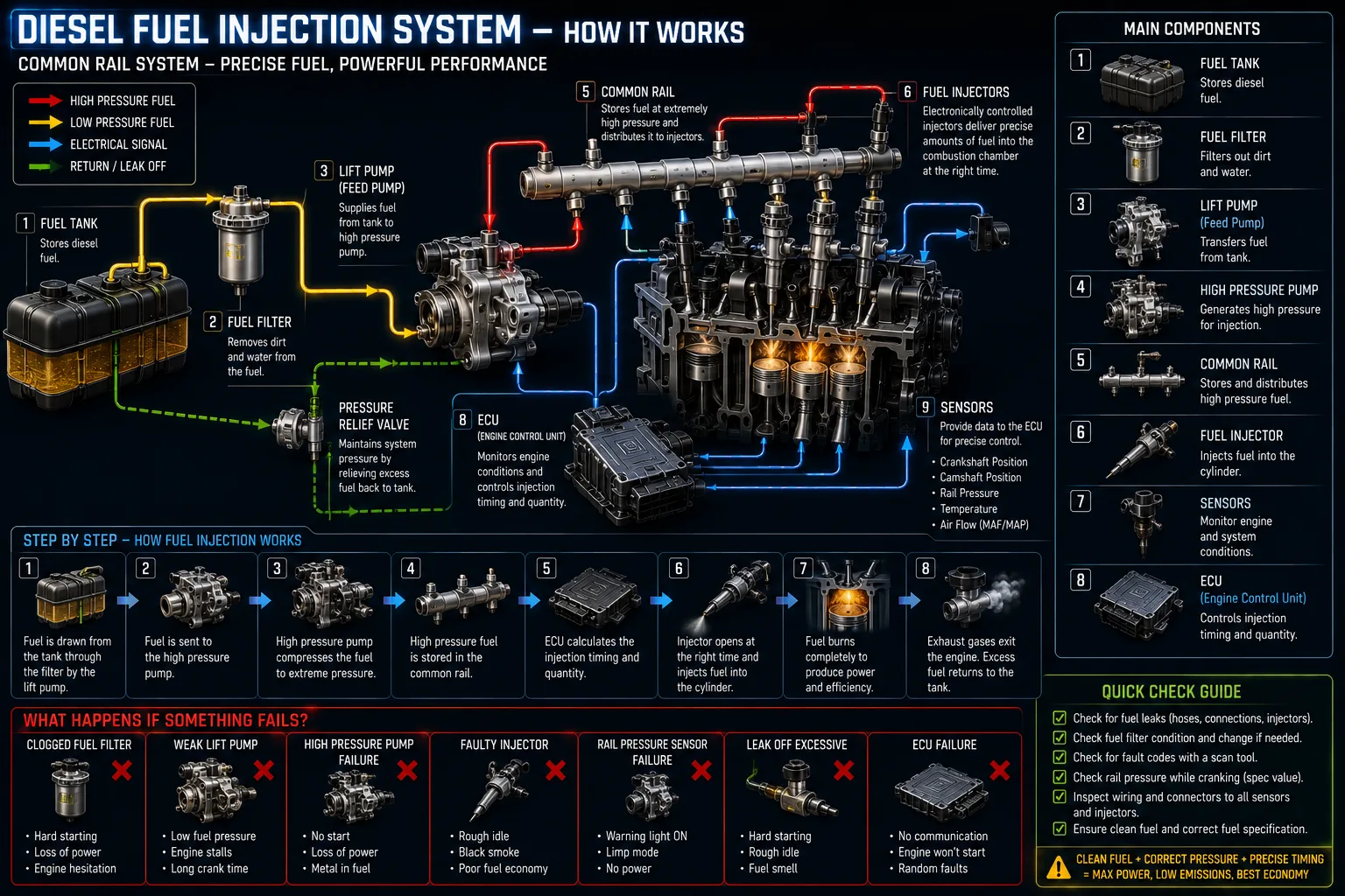 Infographic of a diesel common-rail fuel injection system — fuel tank, filter, lift pump, high-pressure pump, common rail, injectors and sensors delivering precise fuel to each cylinder.