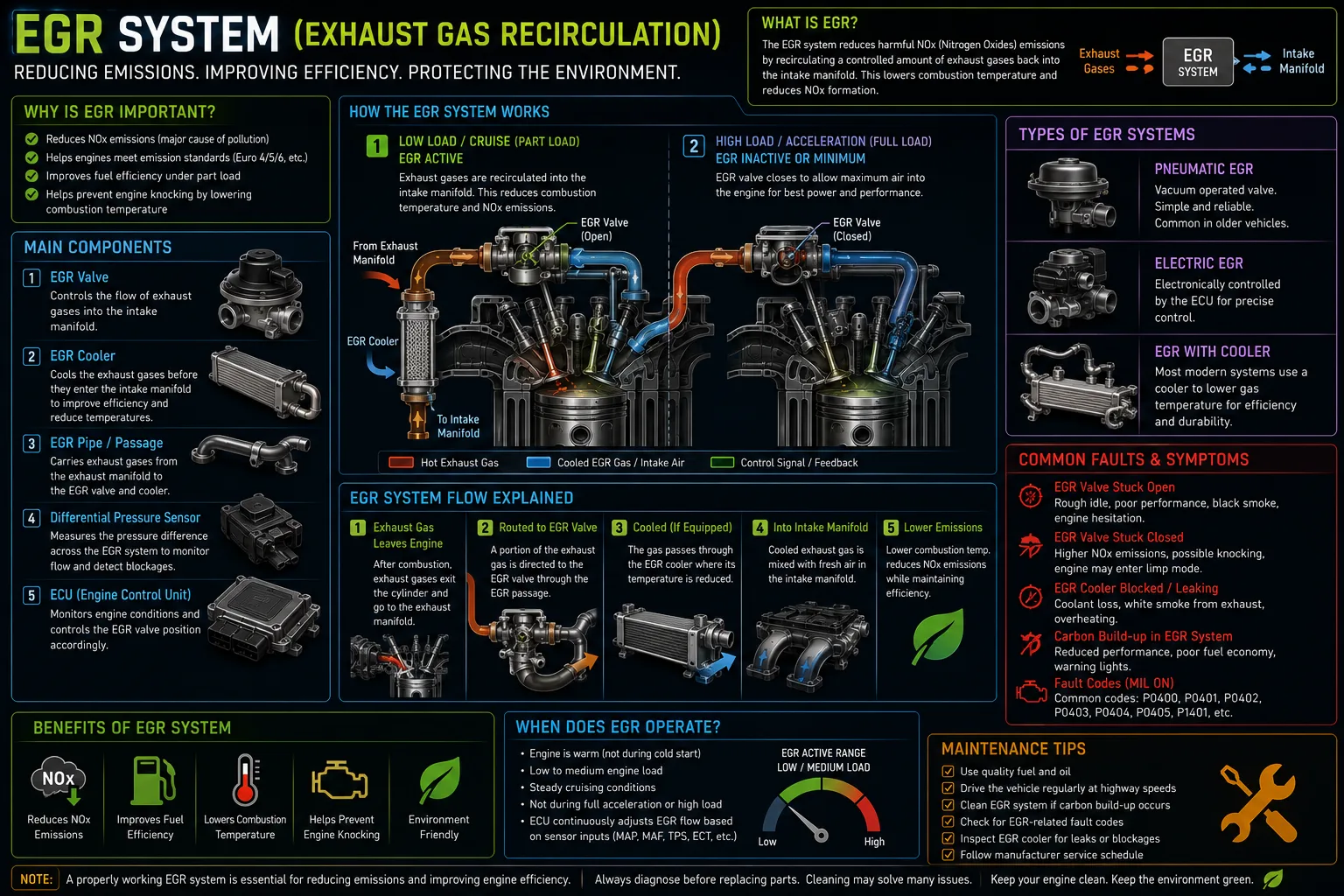 EGR system diagram showing the EGR valve whose position sensor reports how far it is open.