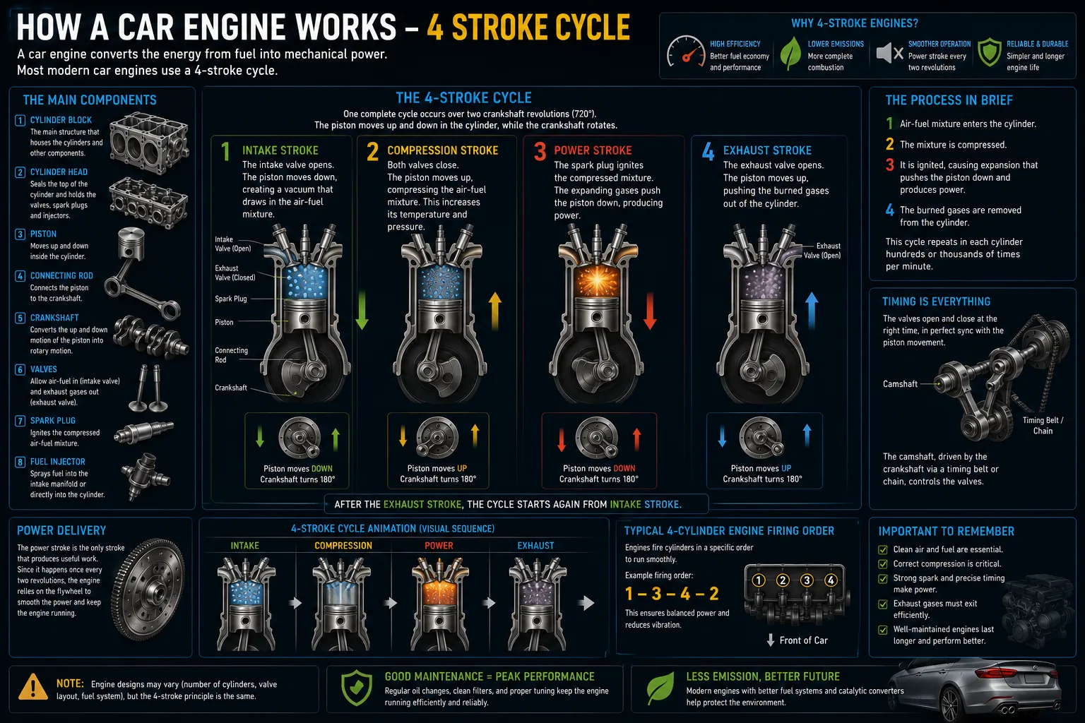 Four-stroke engine diagram showing combustion, where the knock sensor detects pre-ignition/pinking so the ECU retards timing.