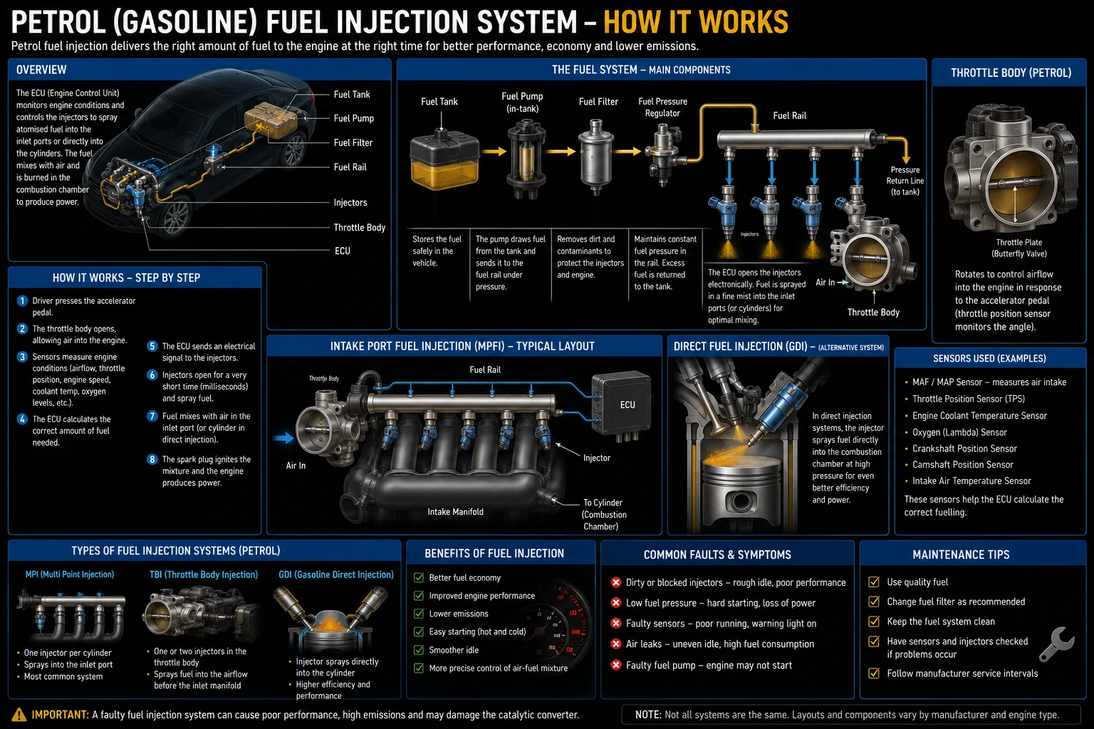 Fuel injection diagram showing the intake path where the mass air flow (MAF) sensor measures incoming air.