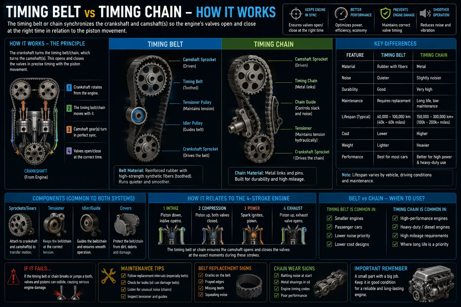 Diagram of a car timing belt / chain — synchronising the crankshaft and camshaft via the tensioner — showing why correct timing keeps valves and pistons out of each other's way.