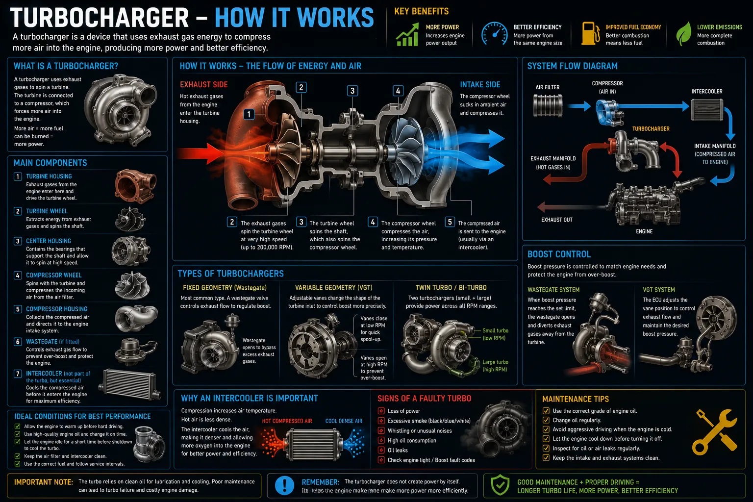 Turbocharger diagram showing where the boost pressure sensor measures intake boost for the ECU.