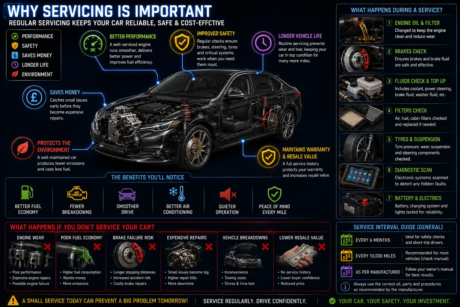 Infographic on why regular car servicing matters — better performance, safety, fuel economy, longer vehicle life and resale value — plus everything that's checked during a full service.